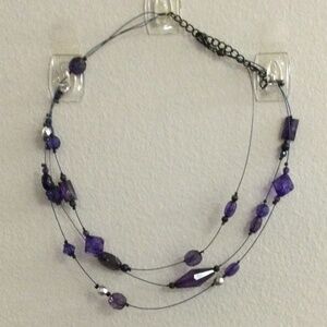 Necklace Black Wire with 3 layers of blue/purple beads 14 - 17 in